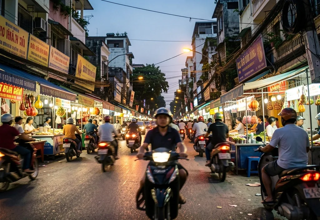 Southeast Asian city street at dusk